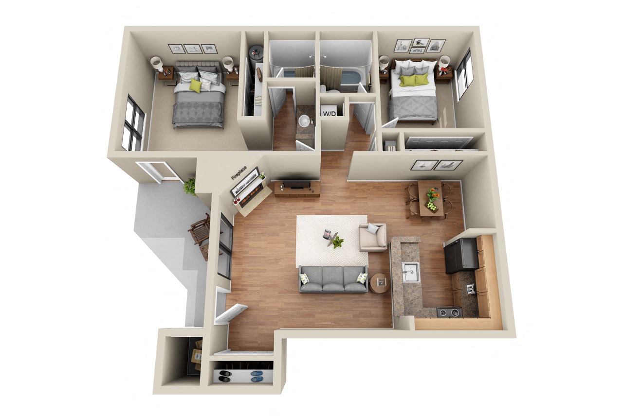 Floor plan for 2 beds, 2 baths, 928 sqft